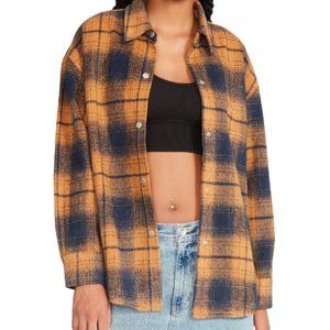 NEW Steve Madden Sophia Plaid Flannel Shirt Jacket Sz S Orange Navy Pockets